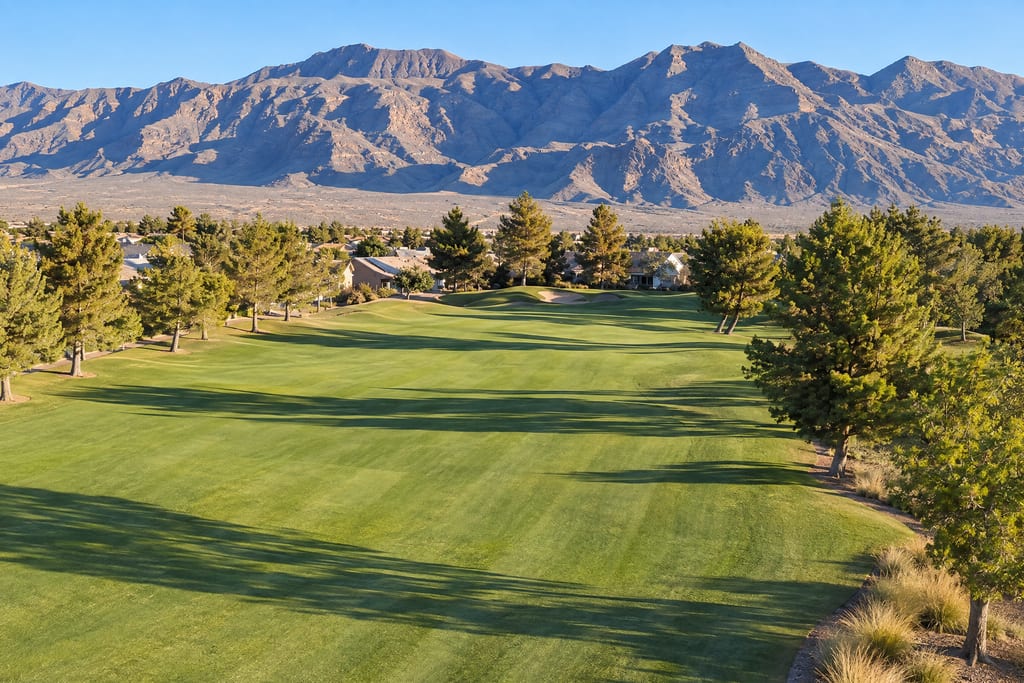 A golf fairway lined with pine trees and a few houses, below bare, rugged mountains