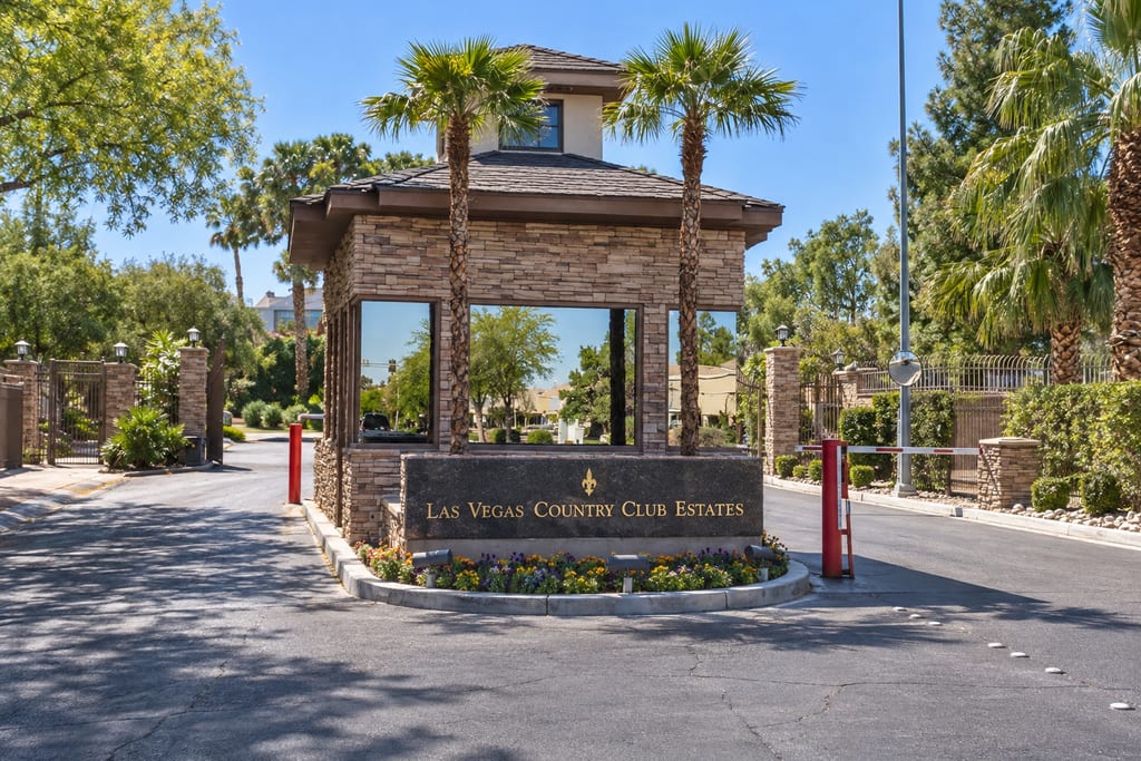 A stone guard gatehouse in the middle of an entry drive, with gate arms on both sides and a “Las Vegas Country Club Estates” sign