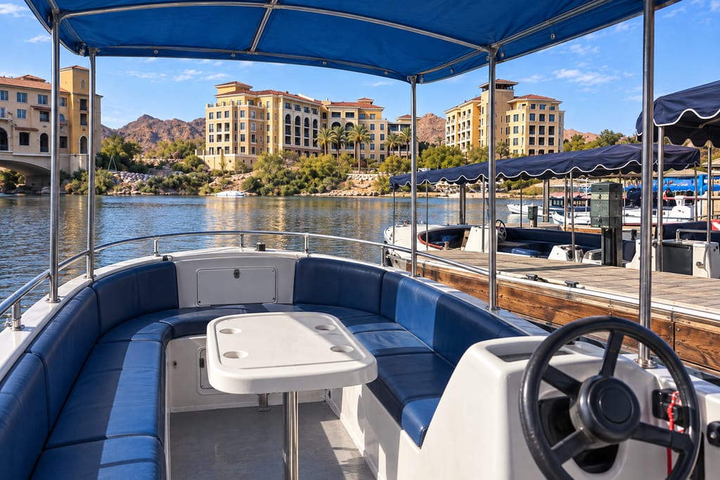 Inside a canopied rental boat at a dock, looking across the water to tall resort buildings and desert hills