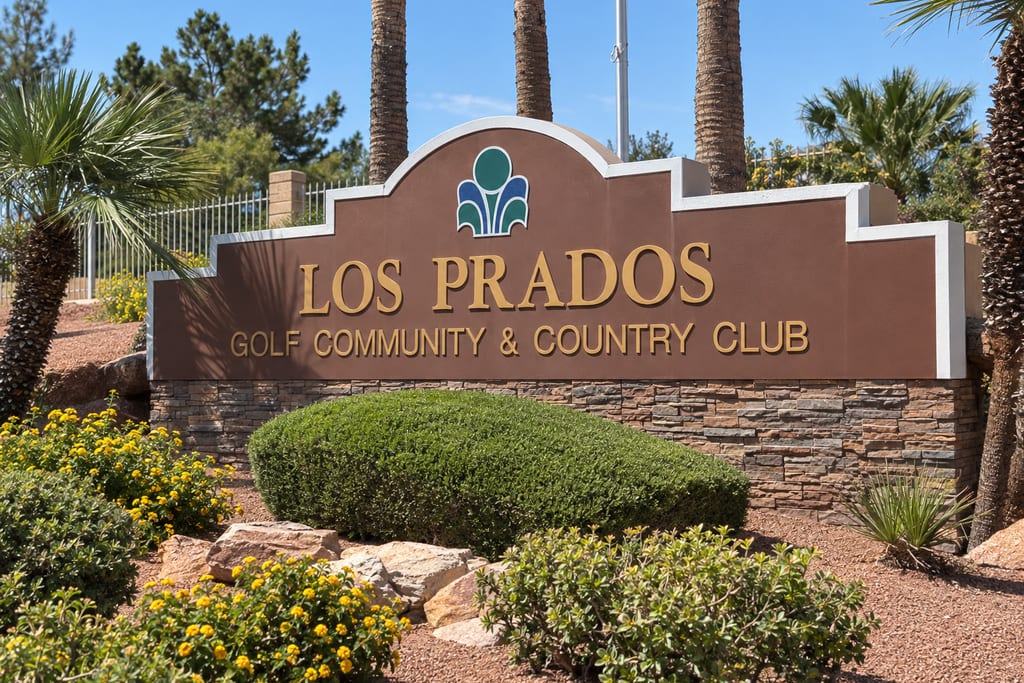 A brown monument sign reading “Los Prados Golf Community & Country Club”, with shrubs and palms around it