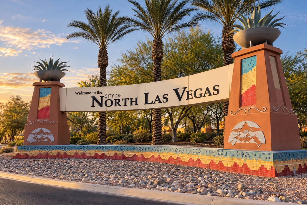 A curved banner reading “Welcome to the City of North Las Vegas” between two terracotta pillars, with palms behind