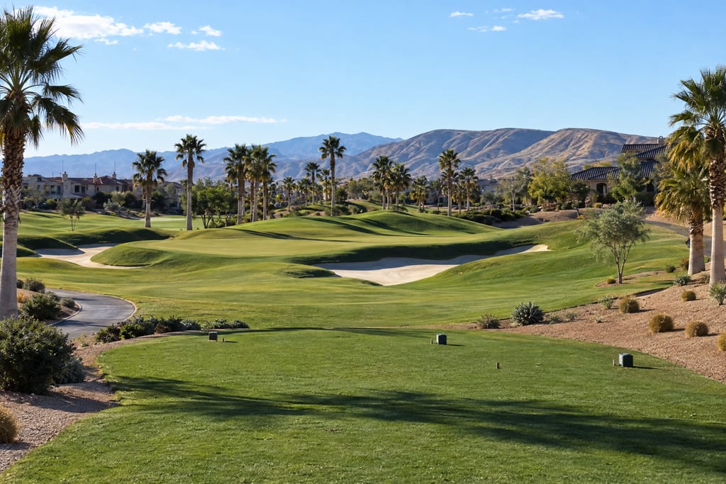 A golf fairway seen from the tee, lined with palms and desert planting, with mountains behind