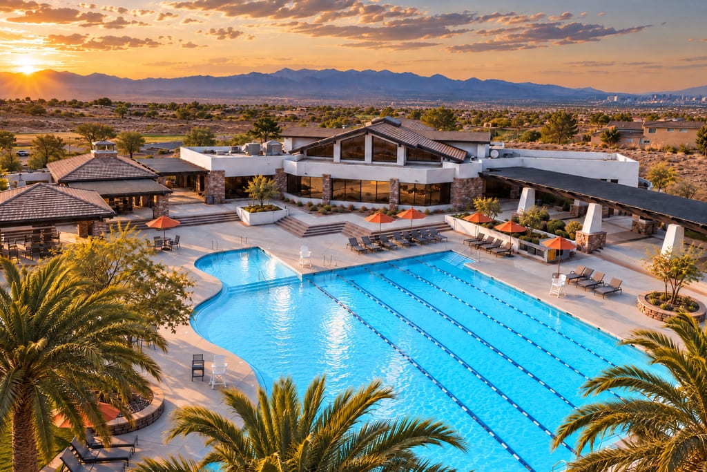 A lap pool with lane lines and orange umbrellas in front of a clubhouse, seen from above at sunset