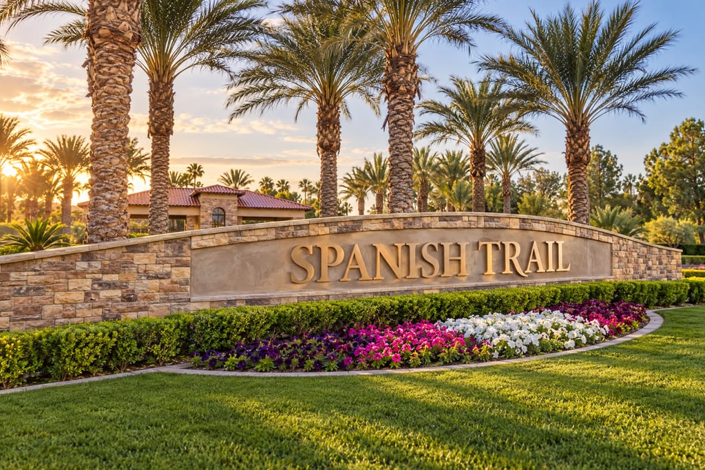 A long stone wall with “Spanish Trail” in raised gold letters, under palms and above a flower bed