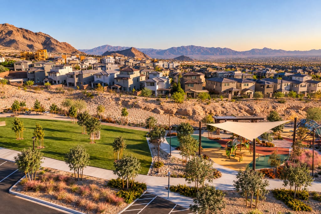 A new neighborhood park with a lawn and a shaded playground, two-story homes on the rise behind it and mountains beyond