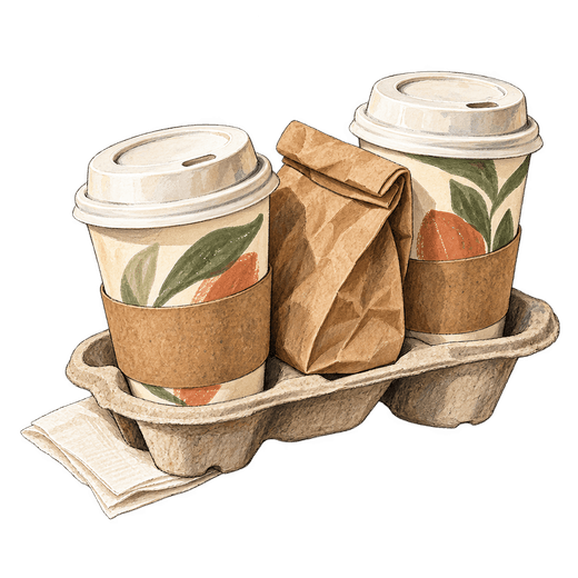 A drawing of two lidded cups with leaf patterns and cardboard sleeves beside a folded paper bag in a cup carrier.