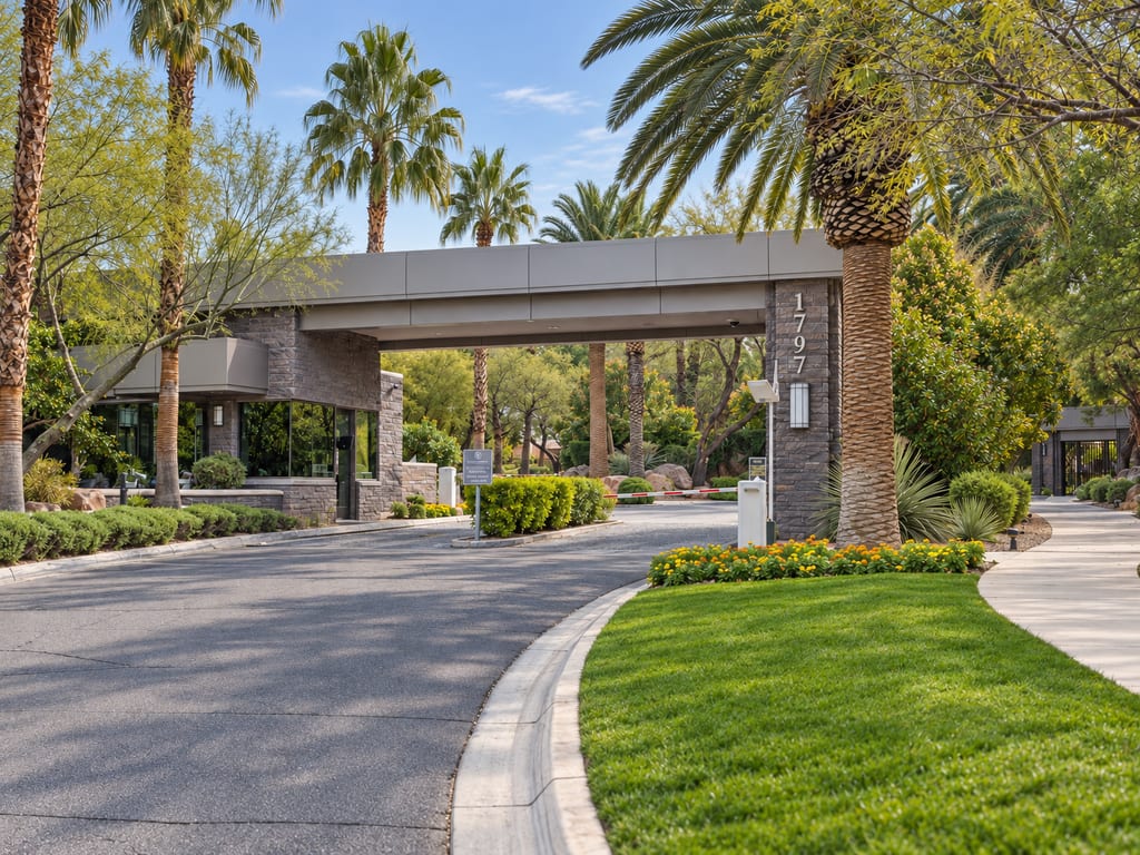 A drive curves past a glass-walled gatehouse and under a flat canopy on stone pillars, with a red-and-white gate arm, tall palms and a green lawn.