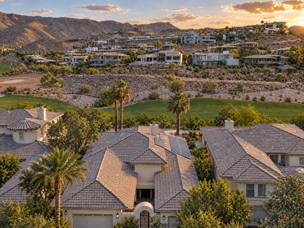 Tile-roofed houses and palms in the foreground look across a golf fairway to modern homes stepped up a desert hillside below bare mountains at sunset.