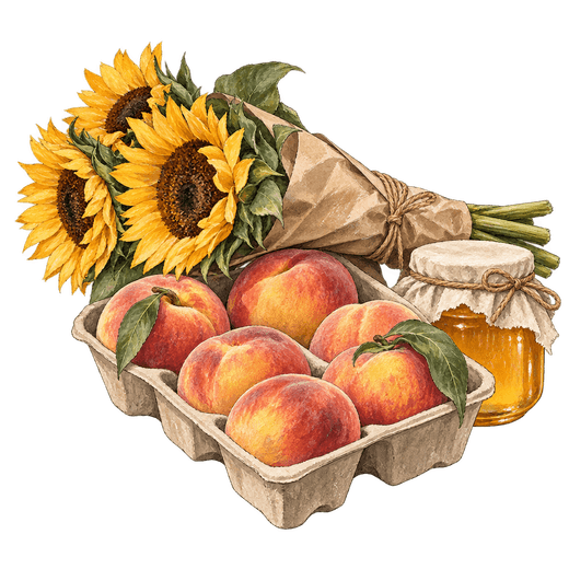A drawing of peaches in a molded tray beside a paper-wrapped bunch of sunflowers and a jar of honey.