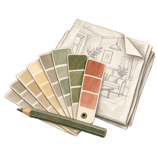 A drawing of paint swatch cards and a green pencil resting on folded papers with a living room sketch.