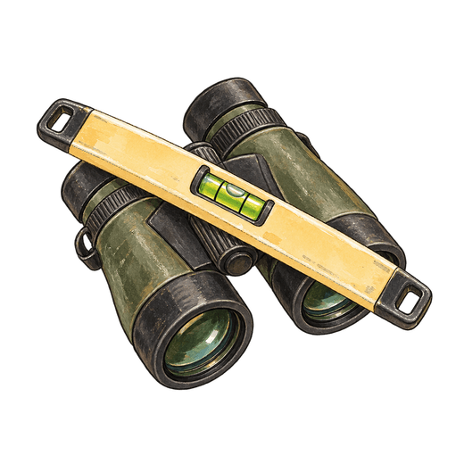 A drawing of a pair of binoculars with a yellow spirit level laid across them.