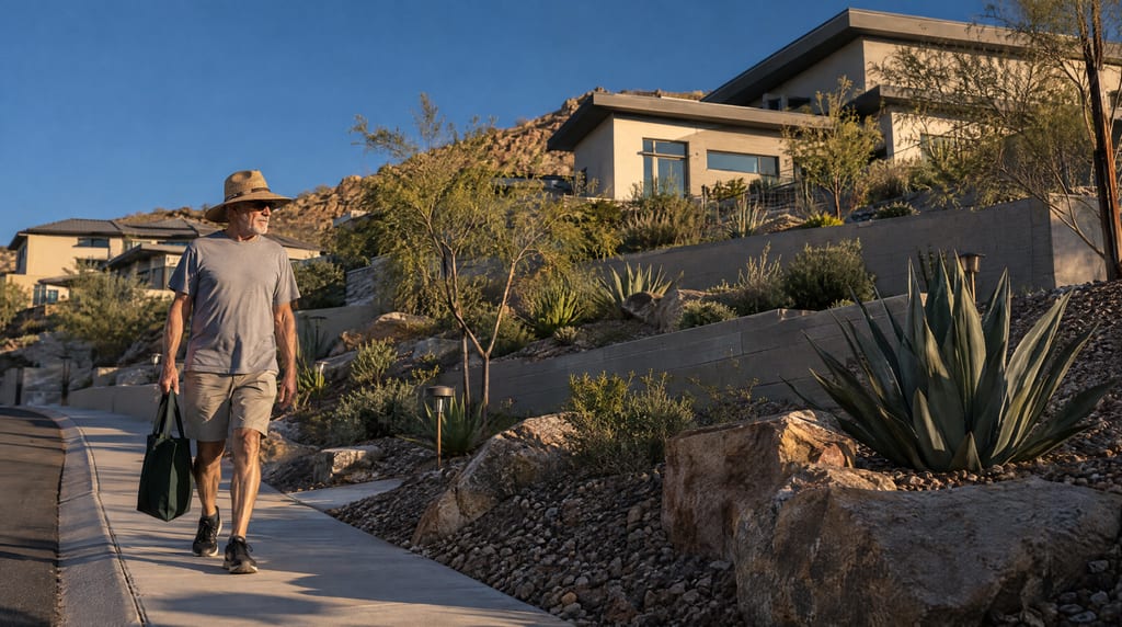 A man wearing a sun hat carries a green bag along a sidewalk below hillside houses, retaining walls and desert plants.