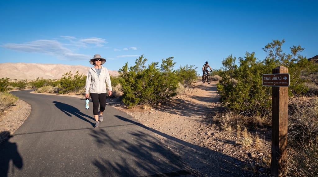 A woman walks along a paved desert trail while a cyclist rides on a branching dirt path beside a brown trail sign.