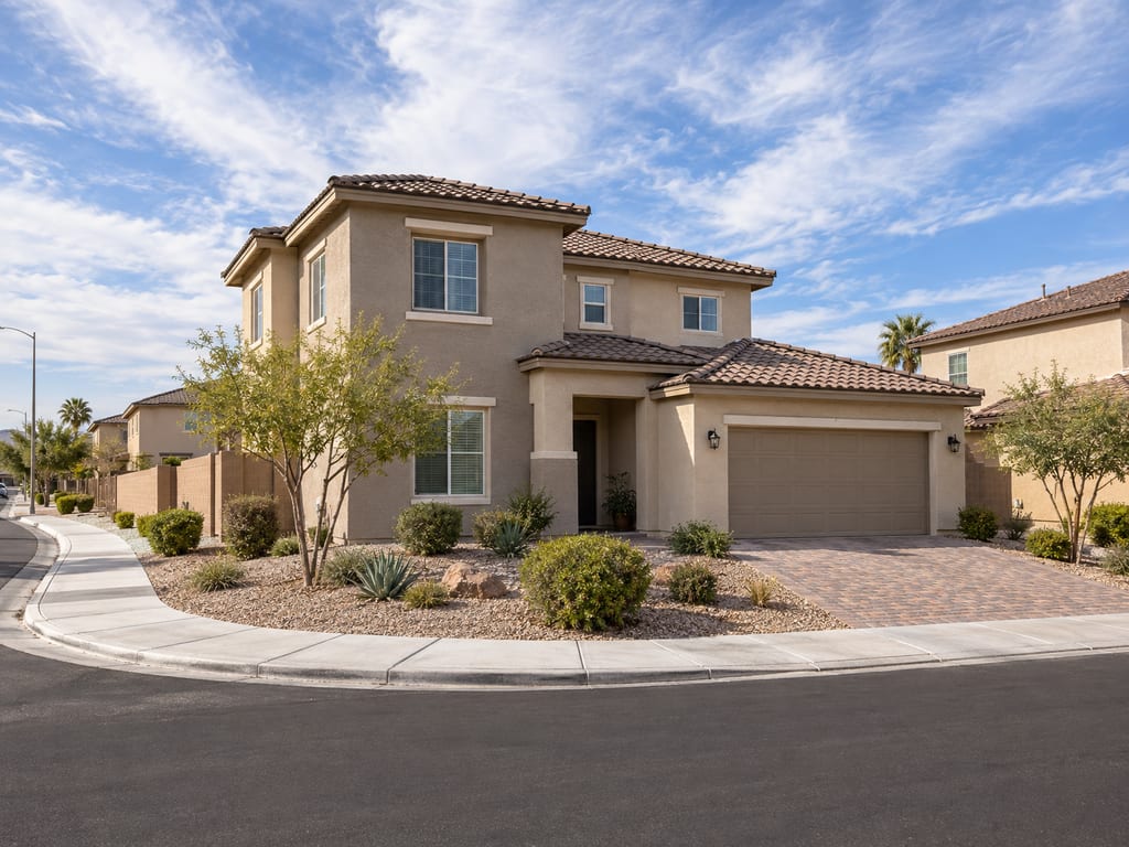A two-story tan stucco house with a tile roof and a two-car garage stands on a street corner, with desert plants, a paver driveway and a curving sidewalk.
