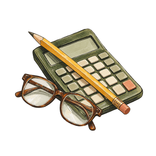 A drawing of a green calculator with a yellow pencil across its keys and brown reading glasses in front.