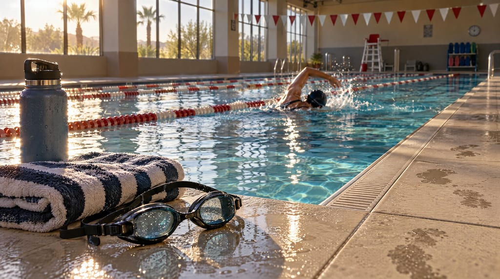 Goggles, a striped towel and a water bottle sit on the wet edge of an indoor pool while a swimmer moves between red and white lane ropes.