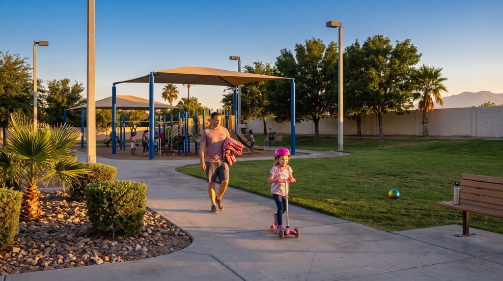 A child in a pink helmet rides a scooter along a park path as a man follows carrying a red blanket, with a covered playground and lawn behind them.