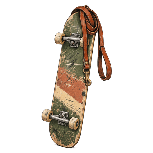 A drawing of a scuffed green skateboard with a brown leather dog leash draped over it.