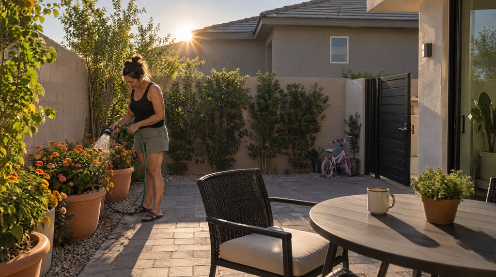 A woman waters potted flowers in a walled courtyard with a patio table, wicker chairs and a small bicycle beside an open gate.