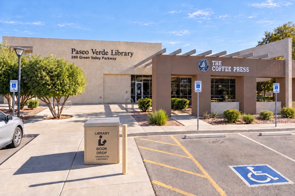 The Paseo Verde Library sign and 280 Green Valley Parkway lettered on a pale stone wall above the glass entrance, with The Coffee Press cafe under a pergola to the right and a Henderson Libraries book drop on the sidewalk.
