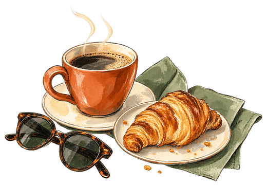 Illustration of a coffee cup, a croissant on a plate, a folded napkin and a pair of sunglasses.