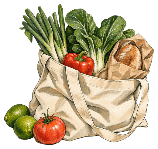 Illustration of a canvas grocery tote filled with vegetables and a loaf of bread, with limes and a tomato beside it.