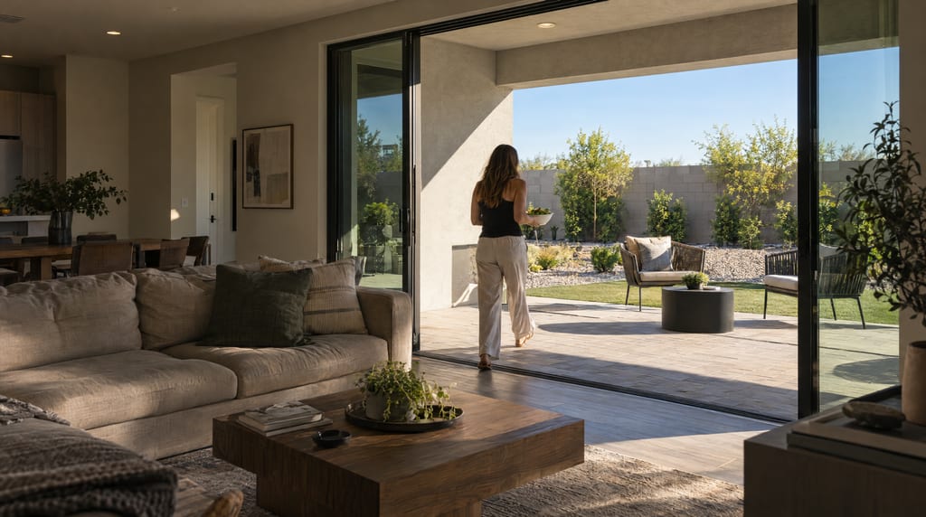 A living room with its multi-panel glass wall pocketed fully open onto a covered patio. Deep shade covers the patio seating while the pavers beyond are in hard sun, and someone carries a bowl out to the patio table.