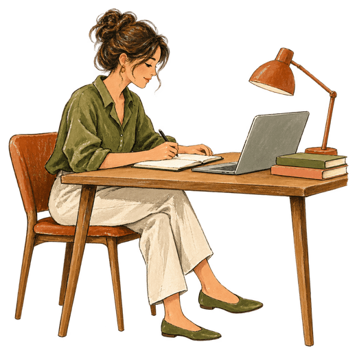 Illustration of a woman writing at a desk with a laptop, a lamp and a small stack of books.