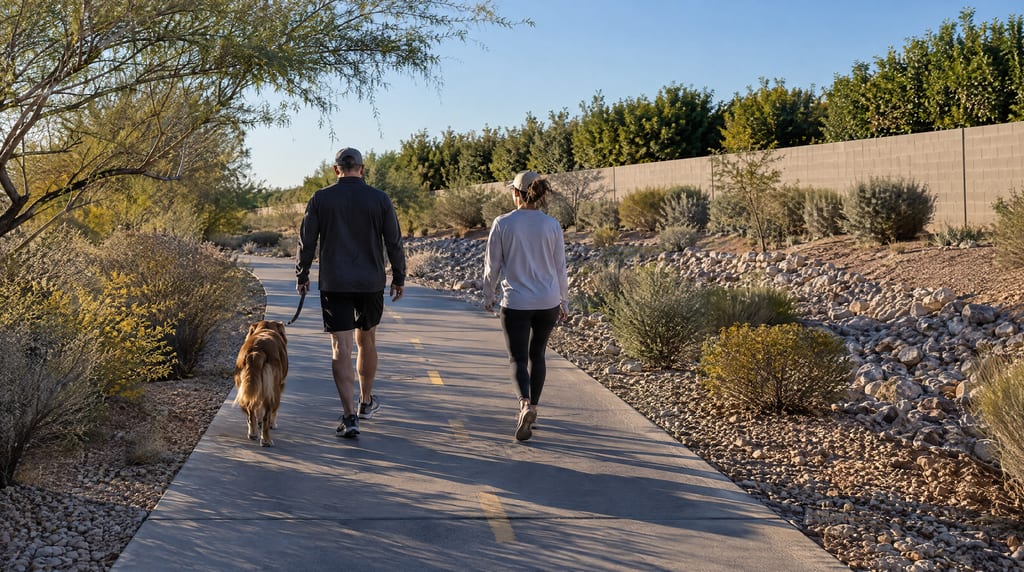 Two people walk a dog away from the camera along a paved concrete trail beside a desert wash in early morning, with long low sun and desert planting along the edges.