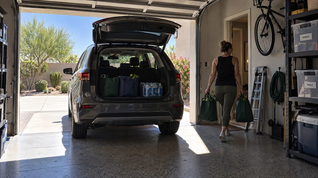 Unloading grocery totes from the back of an SUV in a shaded garage, carrying two toward the interior door, with hard midday sun cutting a bright rectangle across the floor at the open garage door.