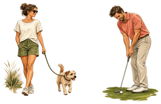 Illustration pair: a woman walking a dog, beside a golfer taking a shot.
