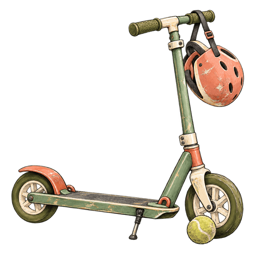 A drawing shows a green kick scooter with a coral helmet hanging from its handlebar and a worn tennis ball beside its front wheel.