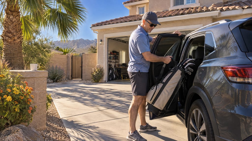 A man in a cap and sunglasses lifts a golf bag into the back seat of a gray SUV on a driveway, with an open garage and mountains behind.
