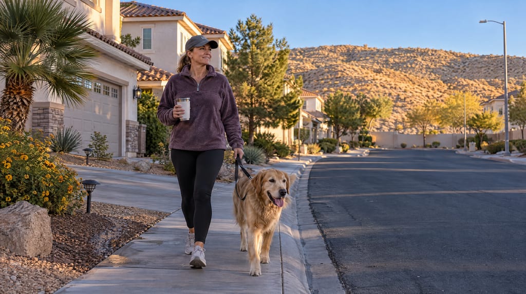 A woman holding a travel mug walks a golden retriever along a sidewalk beside stucco houses, with a sunlit desert hill beyond the street.