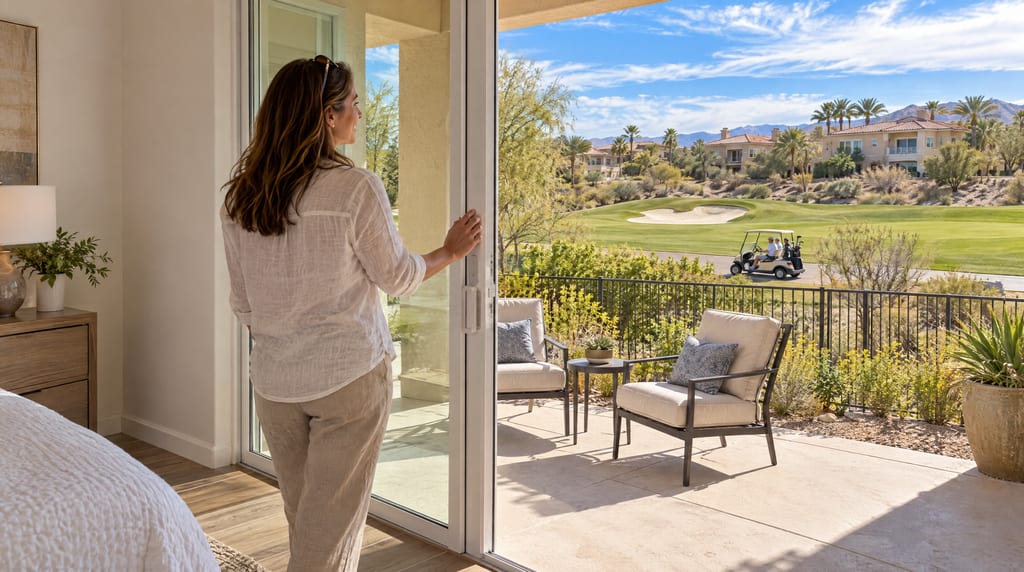 A woman stands at a bedroom’s open sliding door beside a furnished patio, with a golf cart, fairway, sand bunker and houses beyond a black metal fence.