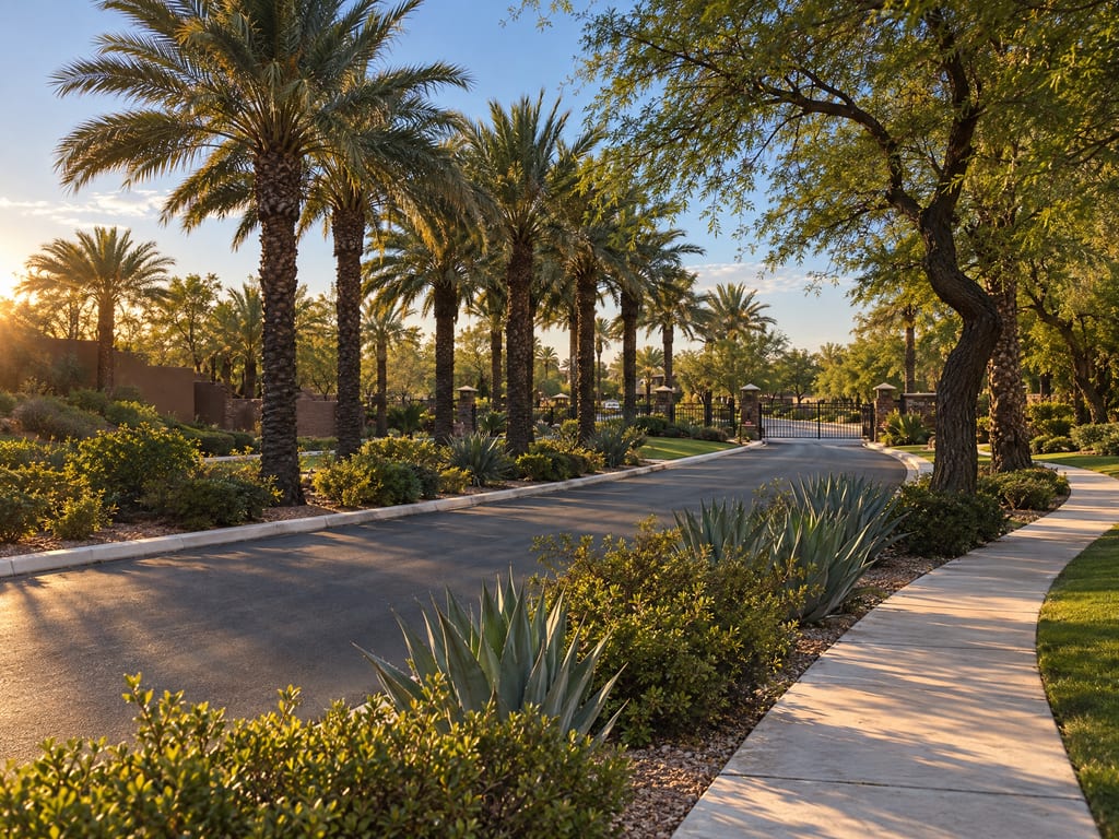 A palm-lined drive curves past agaves and shrubs to a black iron gate between stone pillars, with a sidewalk and lawn at the right in low sun.