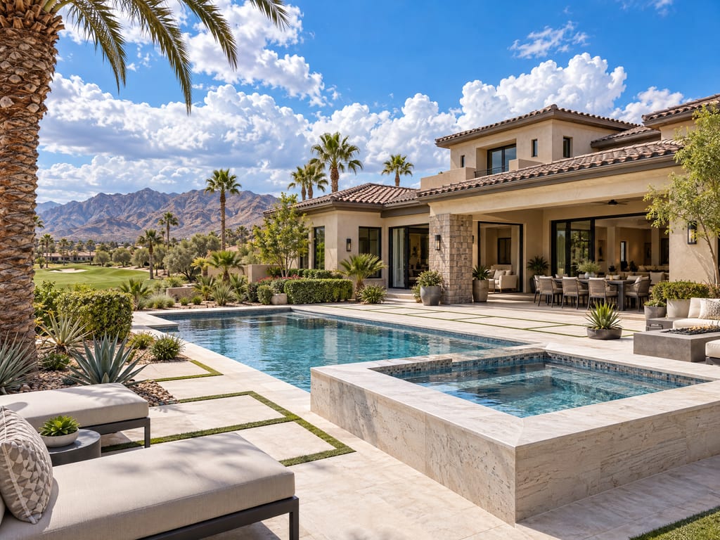 A covered patio with a long dining table opens onto a pool and raised spa, with loungers in front and a golf fairway, palms and mountains beyond.