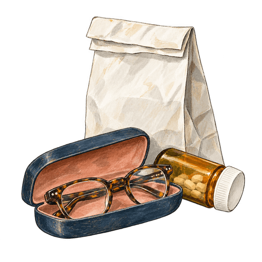 A drawing shows a folded paper bag behind glasses in an open blue case and an amber bottle of tablets lying on its side.