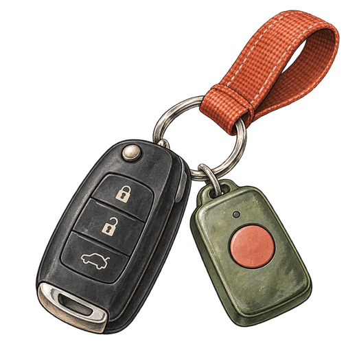 A drawing of a car key fob and a small green gate remote with a red button, hanging together from one key ring with a fabric loop.