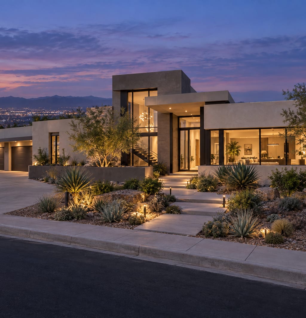 A modern single-story home at dusk with a tall glass entry, lit rooms and city lights in the valley below