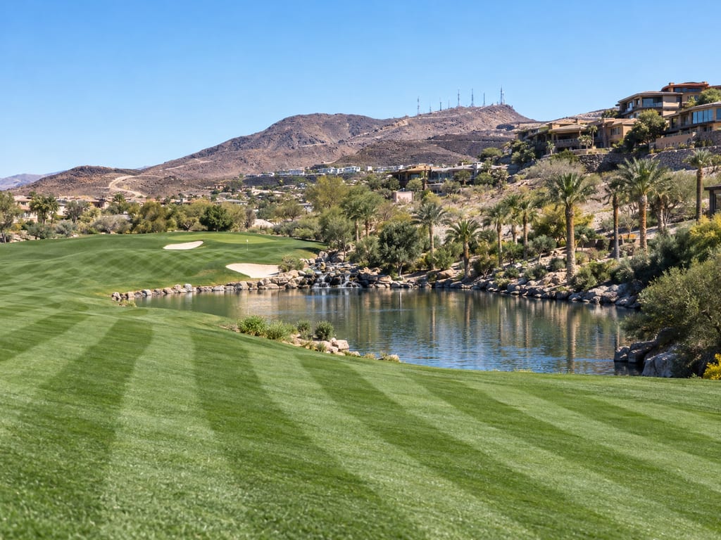 A striped golf fairway and a pond below hillside homes and a mountain with radio towers