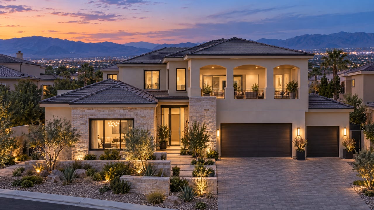 A two-story stucco and stone home at dusk, lit from inside, with the valley’s city lights and mountains behind it