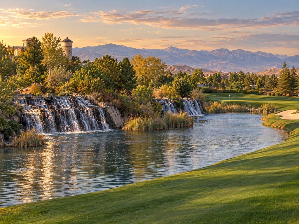 Rock waterfalls spilling into a pond beside a golf course, with mountains behind