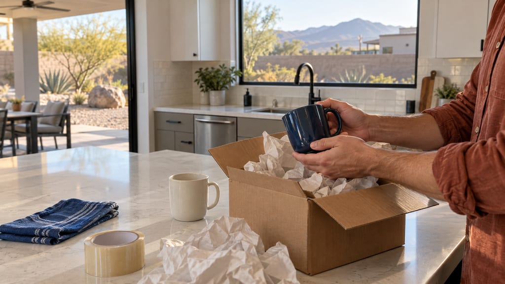 Hands lifting a navy mug from packing paper in a box on a kitchen island