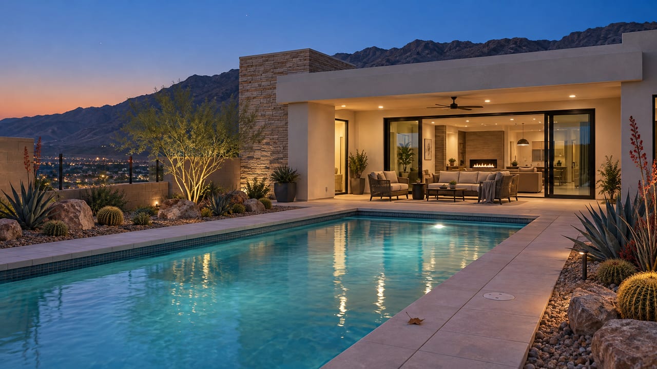 An evening view across a lit pool to a contemporary home’s covered patio, with desert planting, valley lights and a mountain ridge