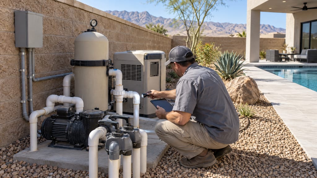 An inspector with a flashlight and tablet checking a pool pump, filter and heater beside a block wall