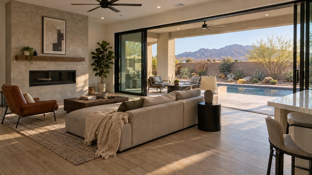 A living room with a linear fireplace and sectional, its glass wall open to a covered patio, pool and desert yard