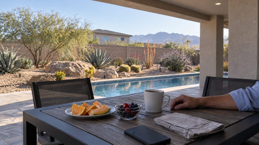 Coffee and fruit on a shaded patio table, with morning sun on a desert yard and pool beyond
