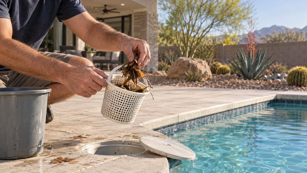 Hands lifting leaves out of a pool skimmer basket beside a desert-landscaped backyard