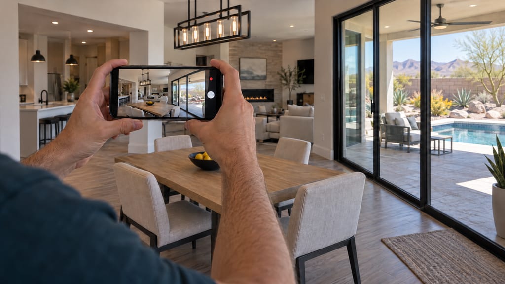 Hands holding a phone that records the dining room, with the patio and pool beyond
